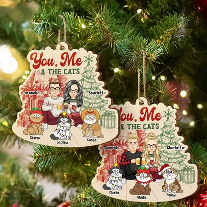 You, Me And The Cats - Personalized Custom Shaped Wooden Ornament